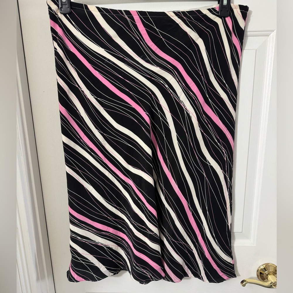 Sunny Leigh 100% Silk A-Line Skirt with Black, Pink, and White Stripes